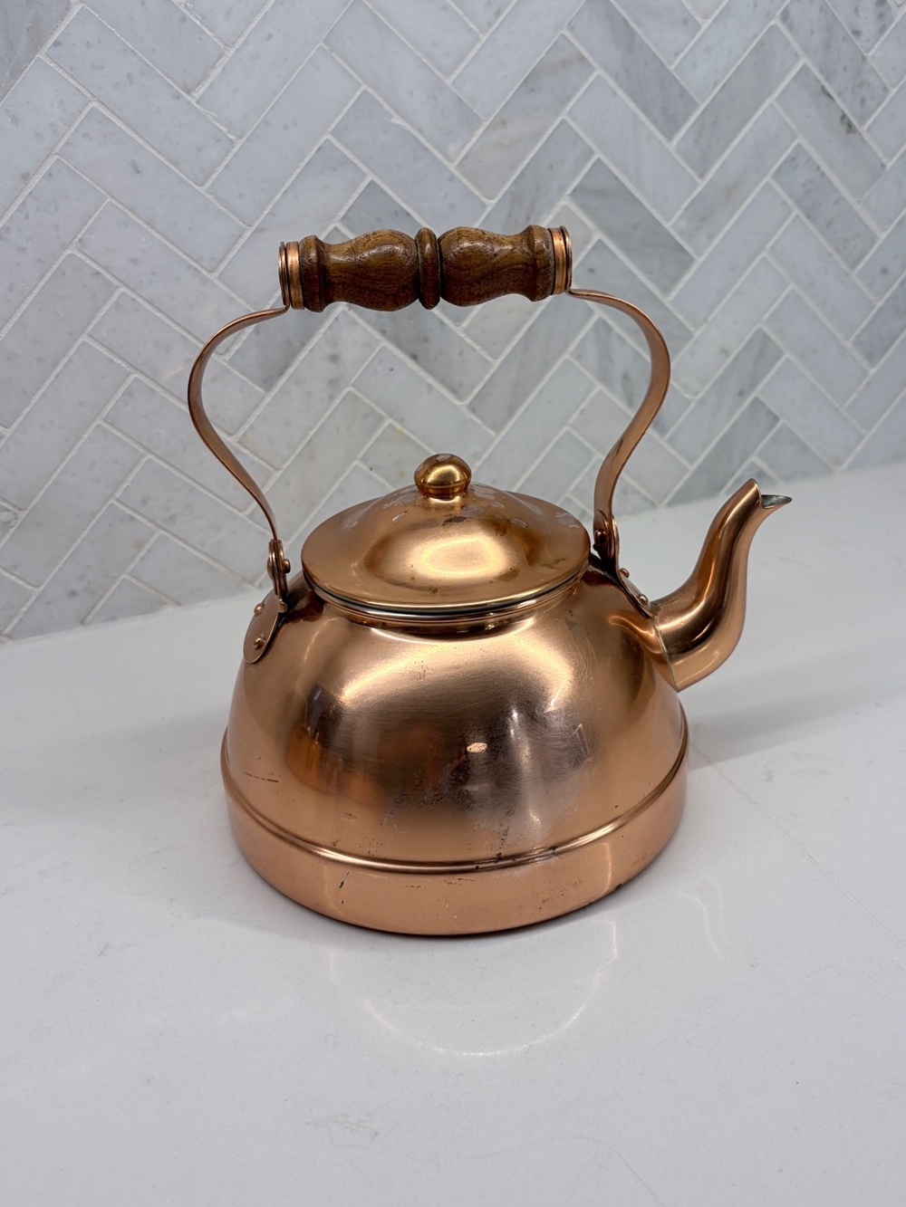 Vintage Tagus Made in Portugal Copper Tea Kettle with Wooden Handle Cottagecore
